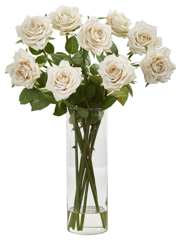 Rose Artificial Arrangement in Cylinder Vase, Champagne