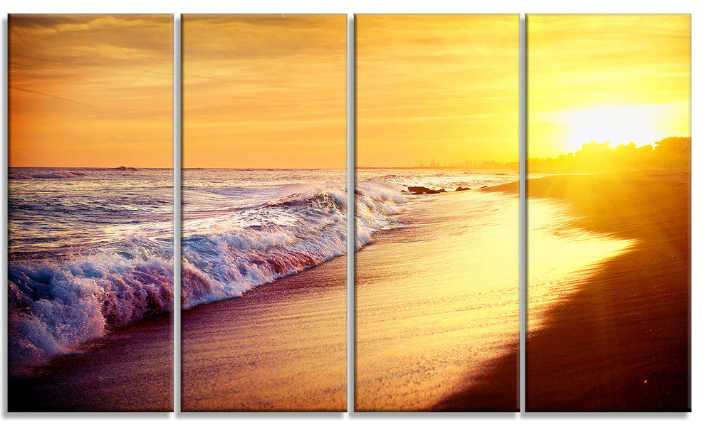 "Bright Yellow Sky With Foam Waves" Seashore Wall Art, 4 Panels, 48"x28"