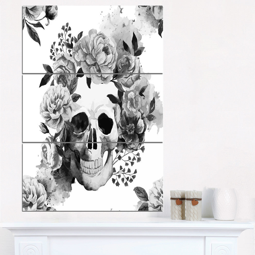 "Peony Watercolor Skull" Digital Glossy Metal Wall Art, 3 Panels, 28"x36"