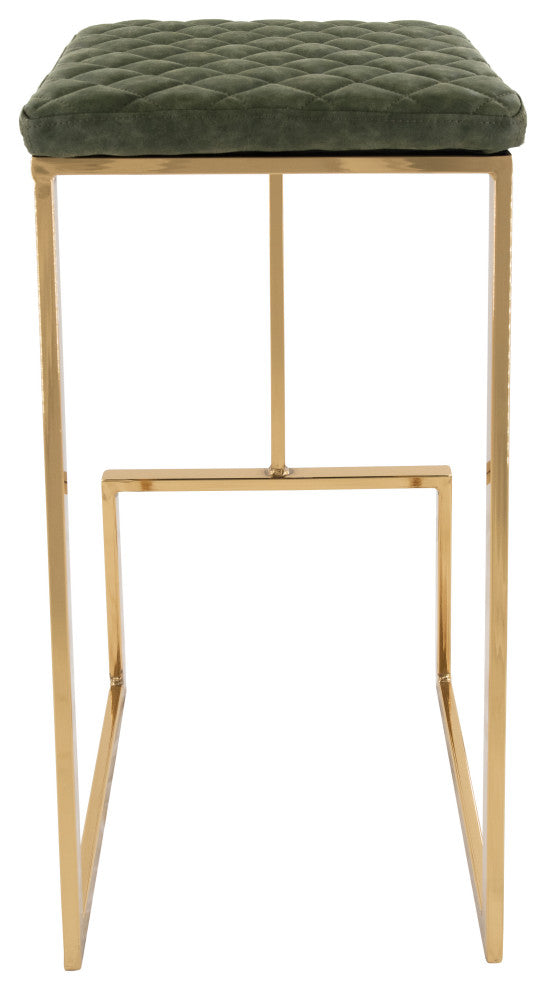 Quincy Leather Barstool Square Seats and Gold Metal Frame, Olive Green