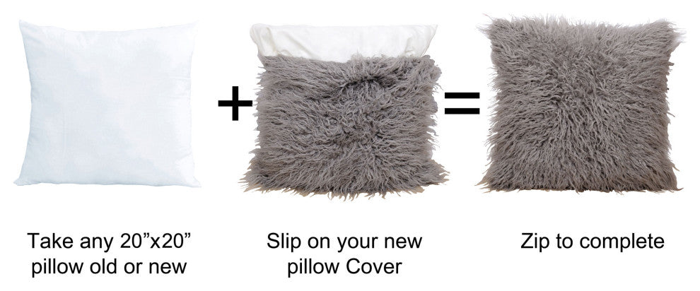 Mongolian Faux Fur 3 Piece Throw Blanket and Pillow Shell Set, Gray, 50"x60"