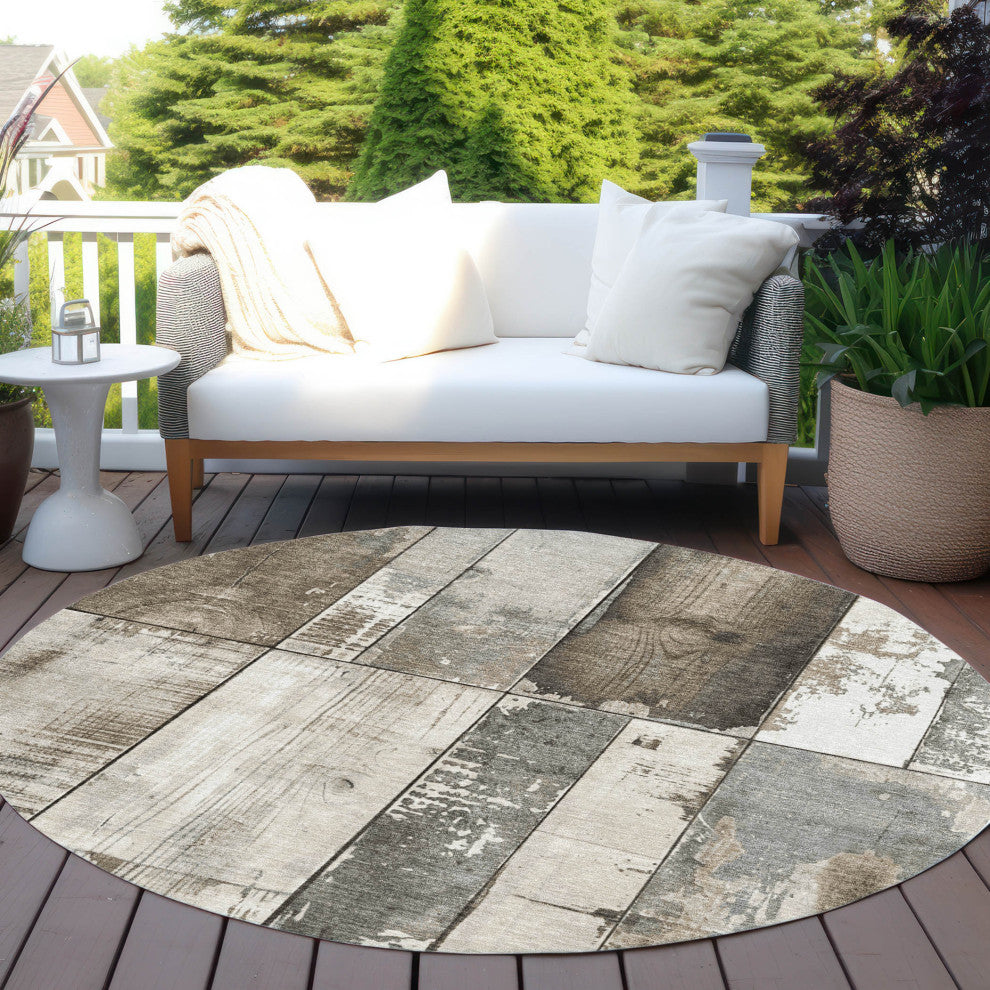 Machine Washable Indoor/Outdoor Chantille ACN1877 Taupe 8' x 8' Round Rug