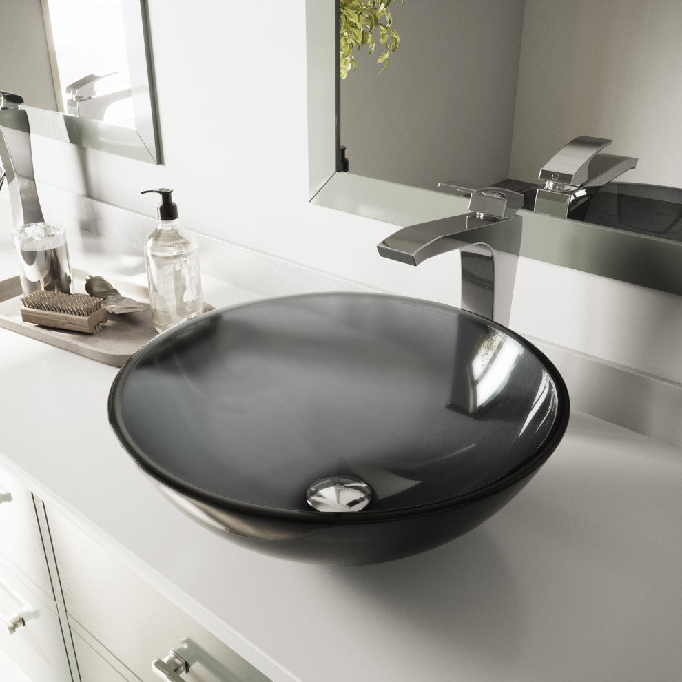 VIGO Giovanni 17"L x 17"W x 6"H Glass Round Vessel Bathroom Sink, Sheer Black