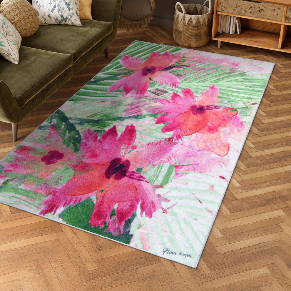 Pink Green Floral I Hand Washable Flowers Power-loomed Art Area Rug, 5'x7.5'