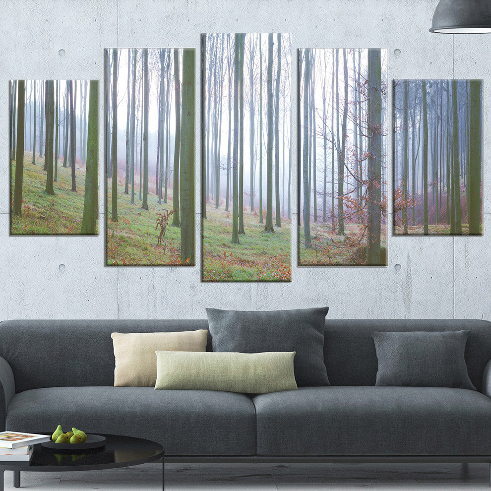 "Autumn Tree Trunks Panorama" Oversized Forest Canvas Artwork, 5 Panels, 60"x32"