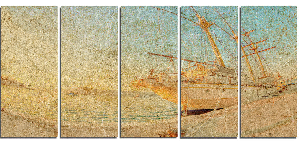 "Old Sailing Ship in Sunlight" Extra Large Seascape Art Canvas, 5Panel, 60"x28"