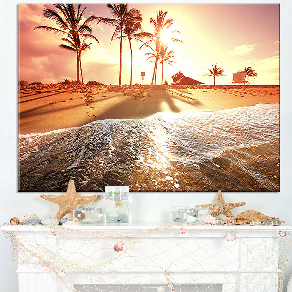 "Colorful Tropical Beach With Palms" Modern Beach Canvas Art Print, 40"x30"