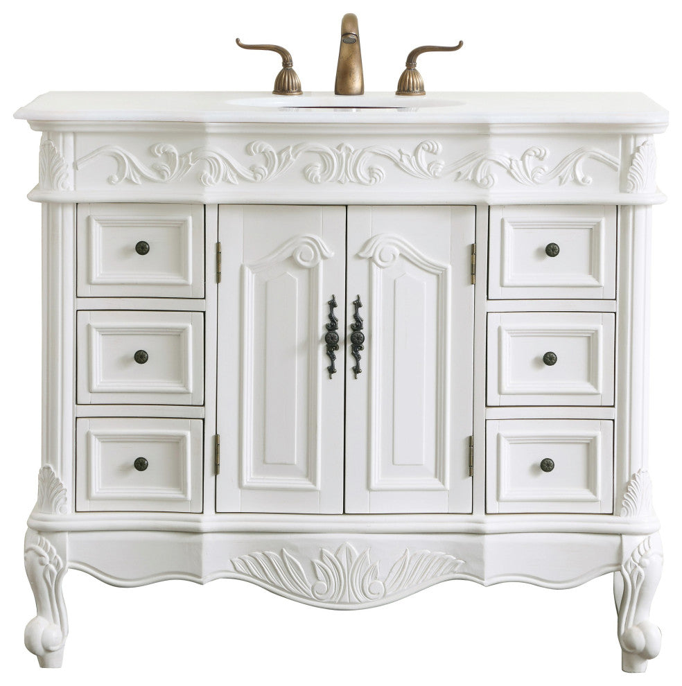 42" Single Bathroom Vanity, Antique White With Ivory White Engineered Marble