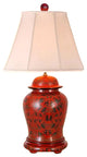 Chinese Red Lacquer Ginger Jar Table Lamp, Shade and Finial 28.5"