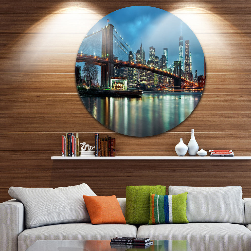 Brooklyn Bridge And Skyscrapers, Cityscape Round Wall Art, 11"