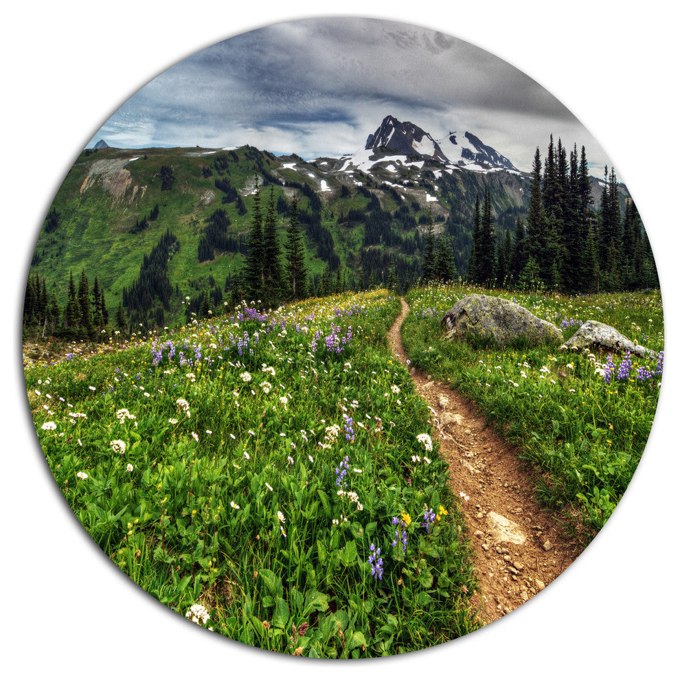 Path Through Flowering Fields, Landscape Art Disc Metal Wall Art, 23"