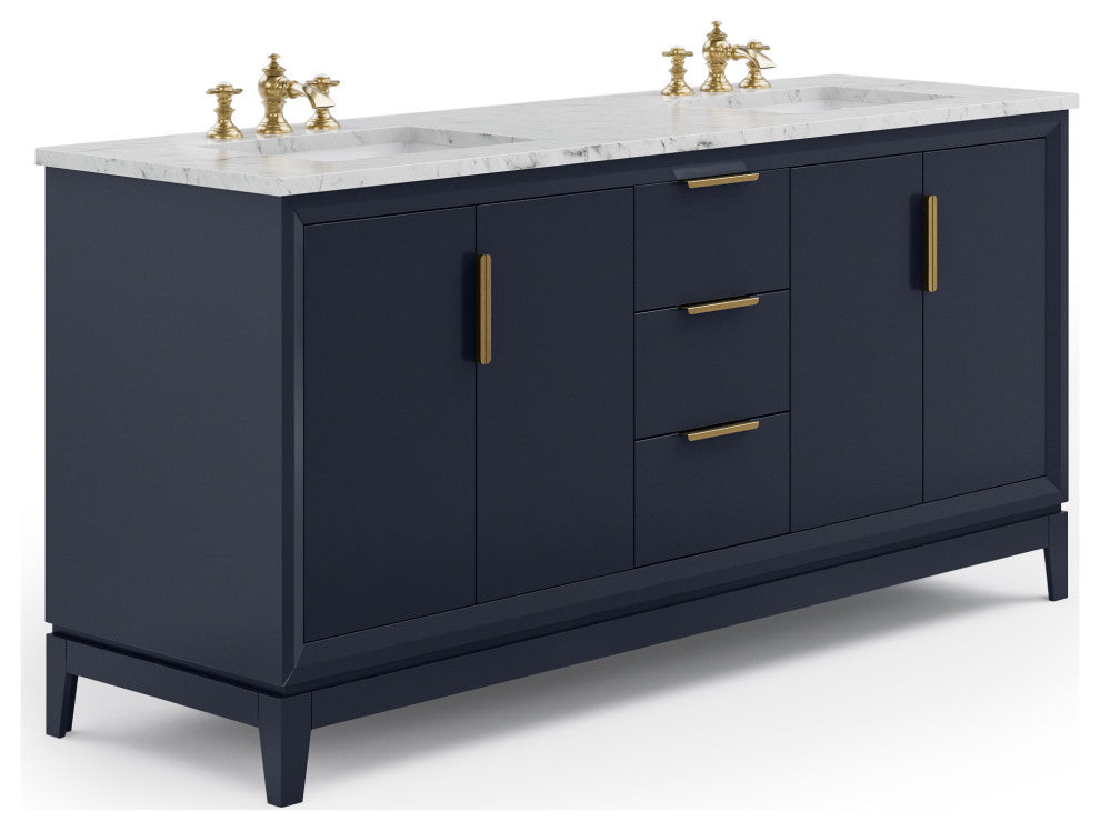 Elizabeth 72" Double Sink Carrara White Marble Vanity, Monarch Blue