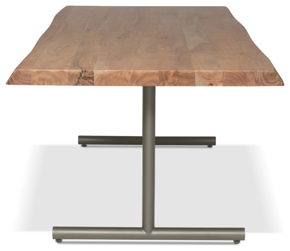 Brooks Dining Table, T Base, 40"x116", Teak Top, Pewter Base