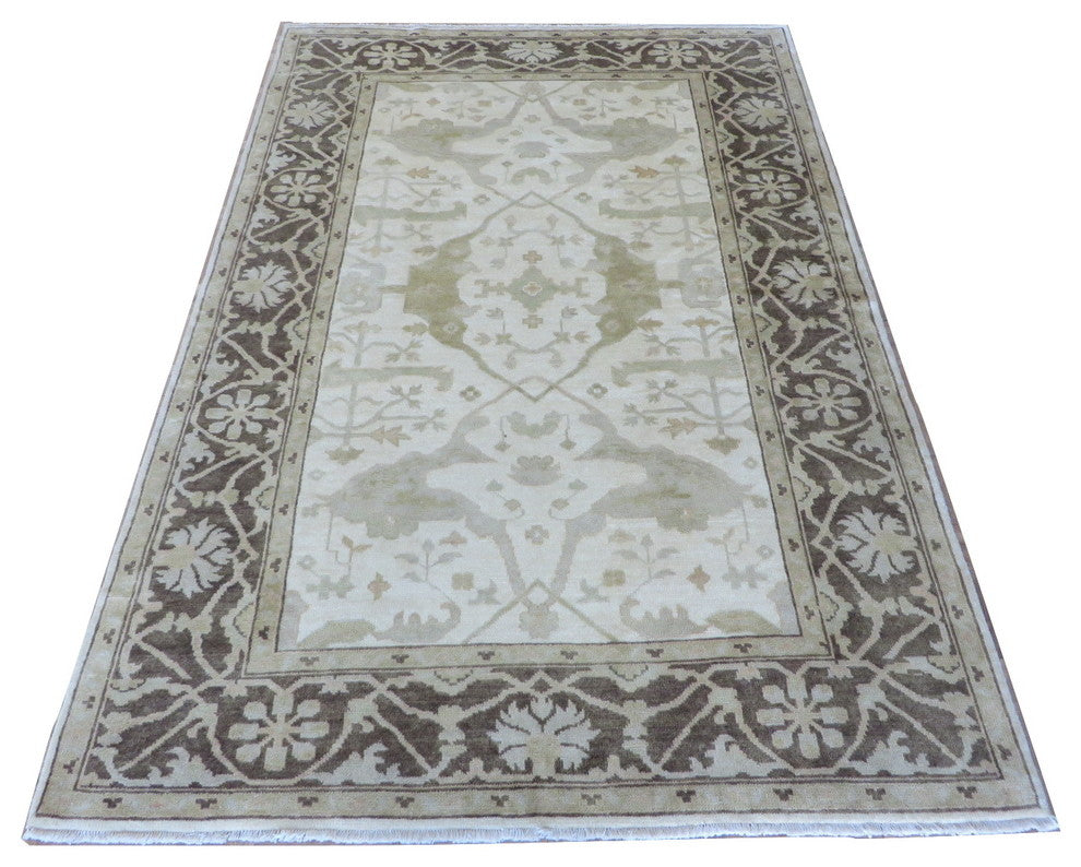 6x9 Hand Knotted Ivory Brown Oushak Oriental Rug Vegetable Dyes