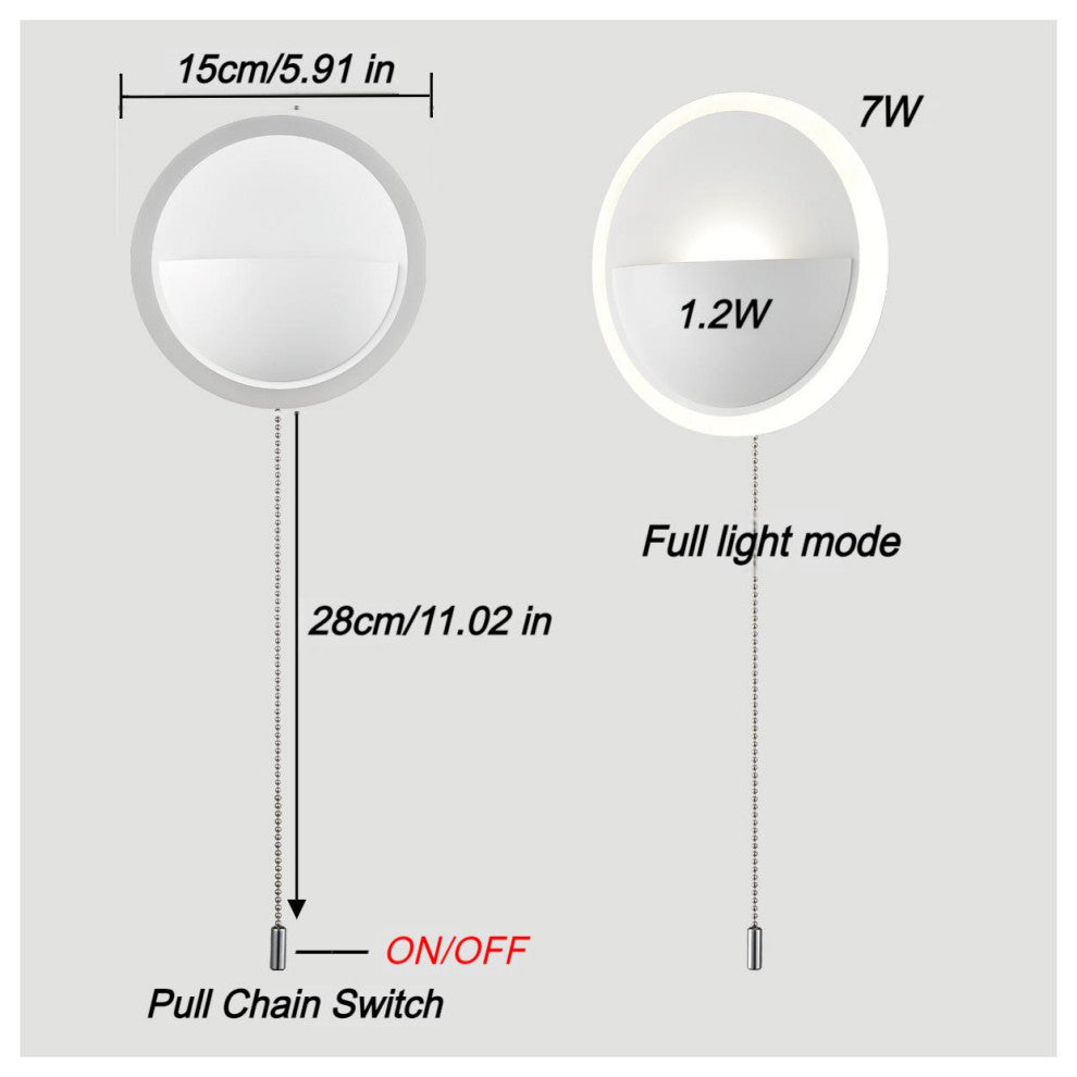 Simple Round Acrylic LED Wall Sconce 8.5W-4000K With Pull Chain Switch