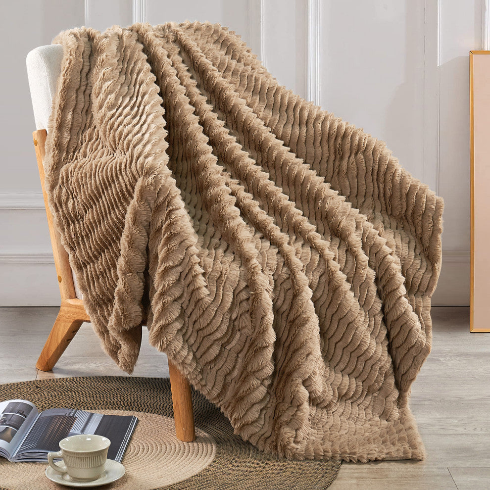 Wavy Faux Fur Throw Blanket, Tan