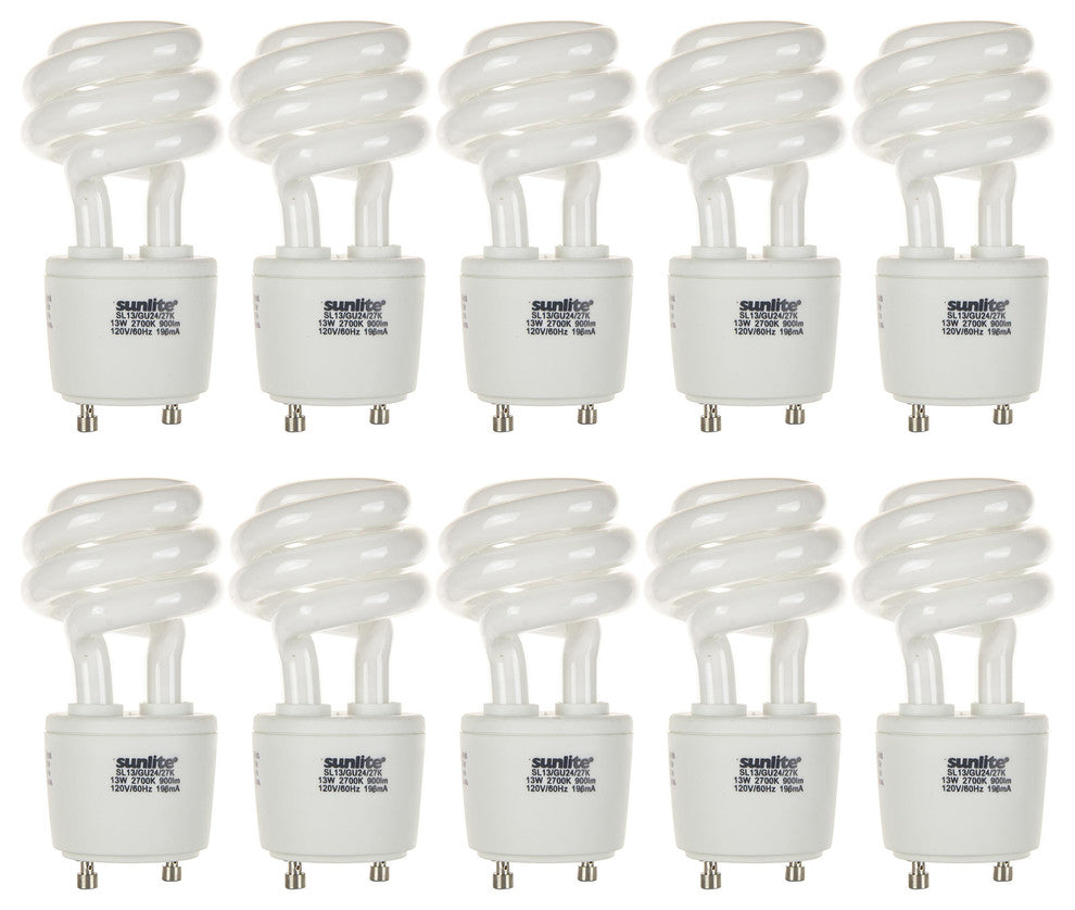 10 Pack Sunlite Warm White Spiral Bulb, 13W (60W Eq.), GU24 Base, 10,000 Hrs.