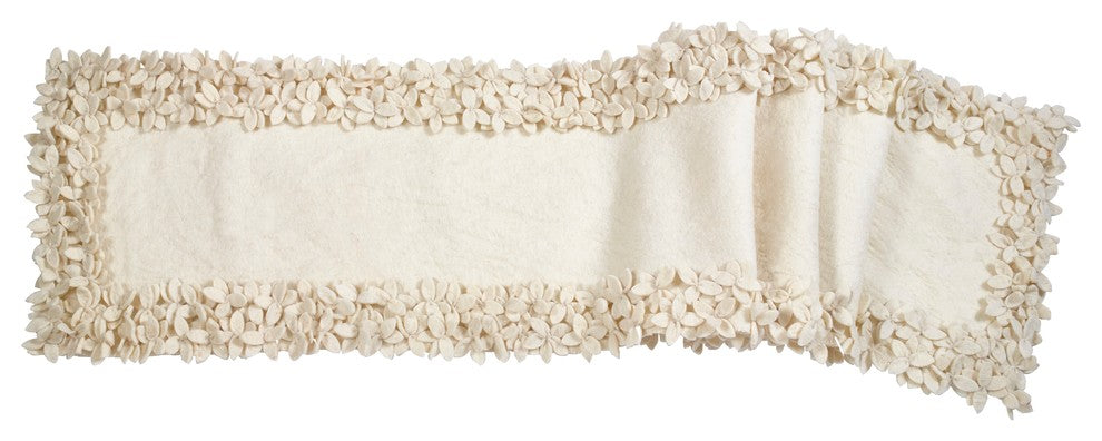 Hand Felted Wool Floral Border Table Runner in Cream, 16x90"