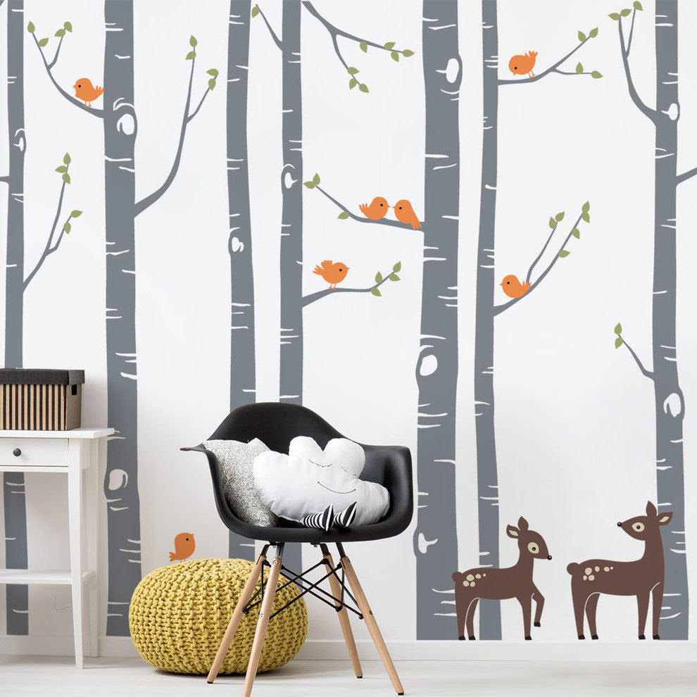 Birch Tree with Bird and Deer Wall Decals, Scheme B, Large