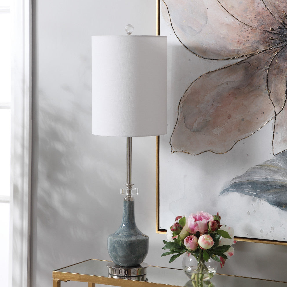 Soft Blue Mottled Ceramic Tall Shade Buffet Lamp Silver Elegant