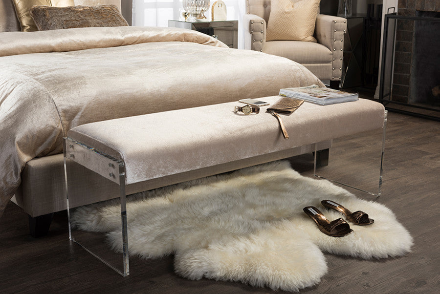 Hildon Beige Microsuede Fabric Upholstered Lux Bench With Paneled Acrylic Legs