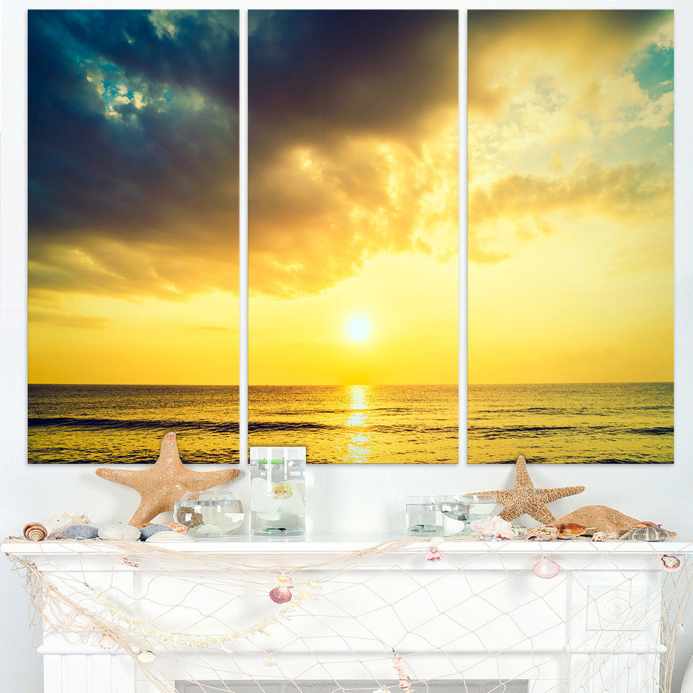 "Yellowish Sky Over Serene Seashore" Metal Wall Art, 3 Panels, 36"x28"