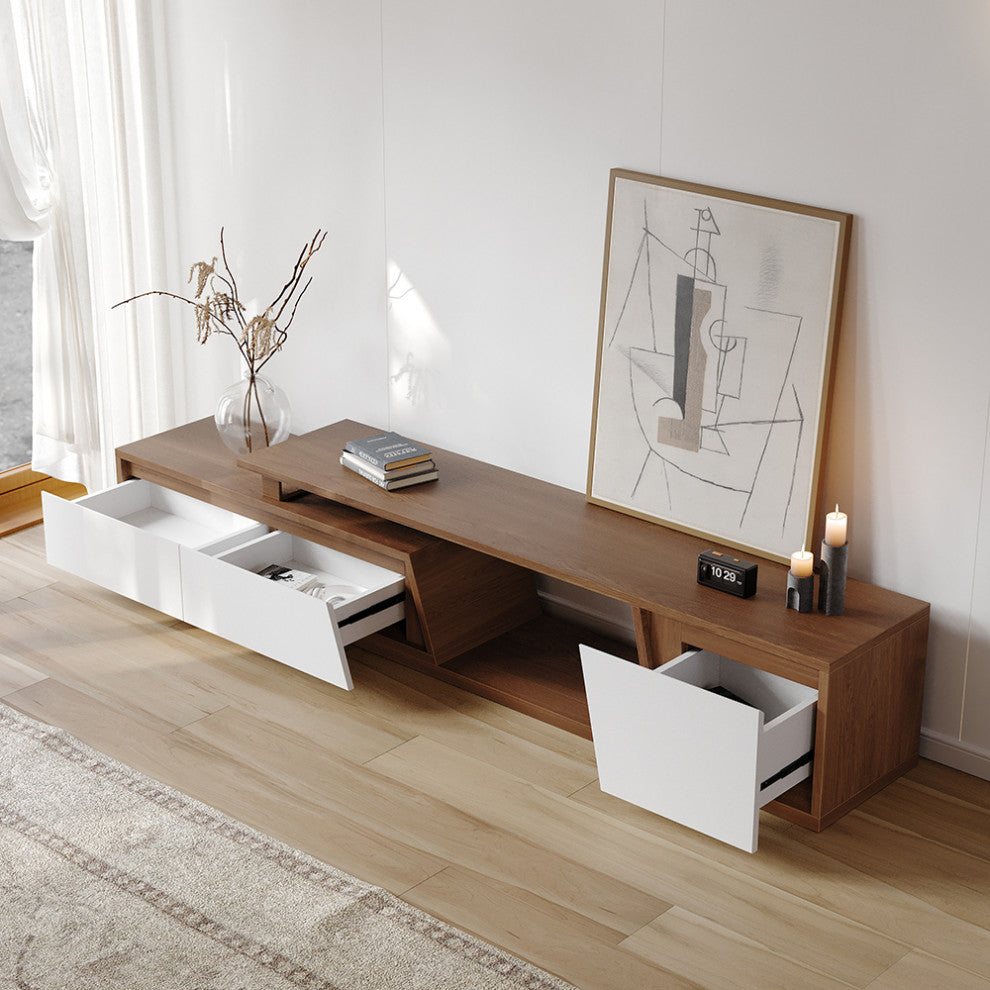 Fero Minimalist Walnut Rectangle Extendable TV Stand With 3 Drawers Up to 120", White/Walnut