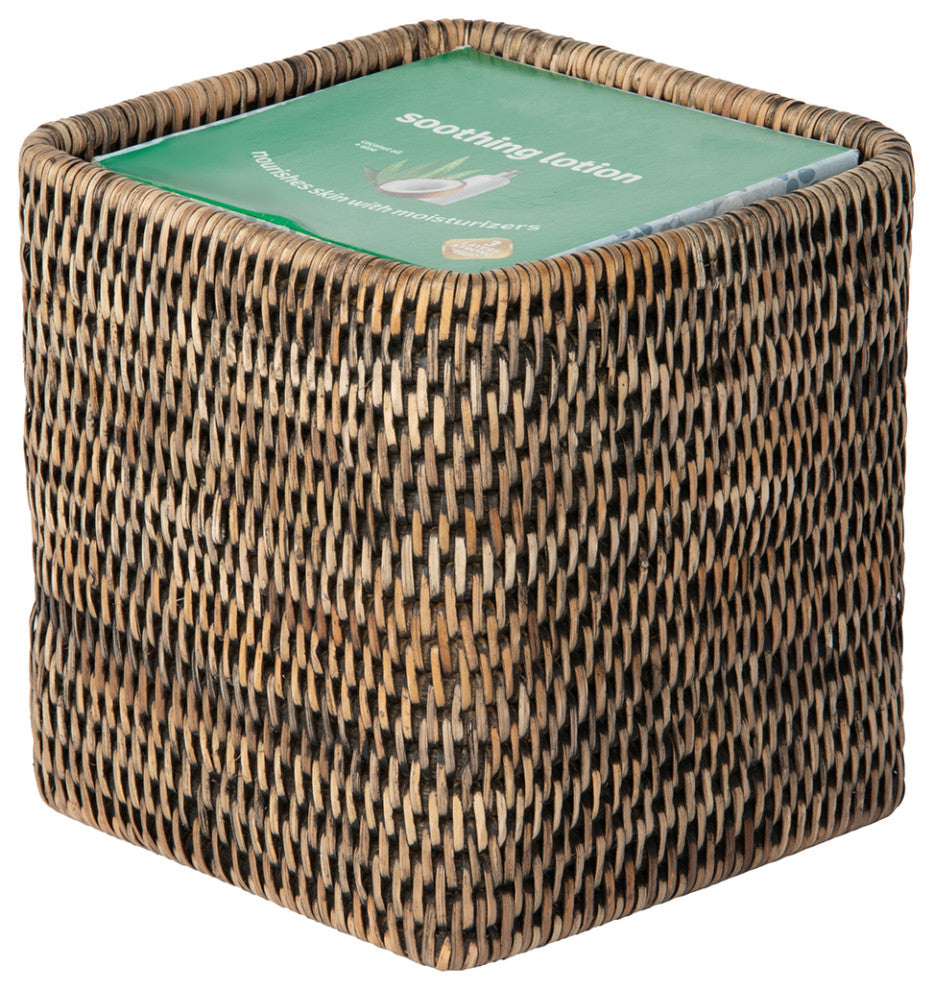 La Jolla Rattan Square Tissue Box Cover, Black-Wash