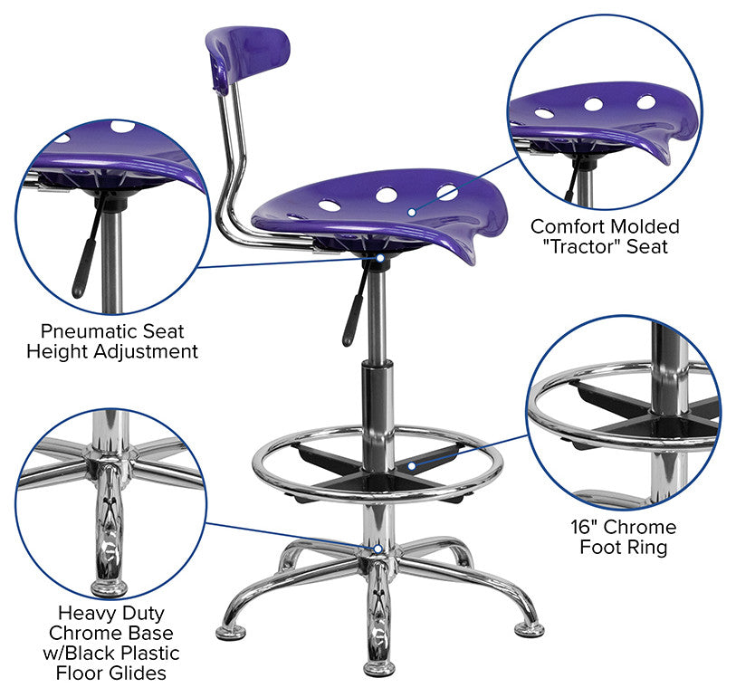 Vibrant Violet and Chrome Drafting Stool With Tractor Seat