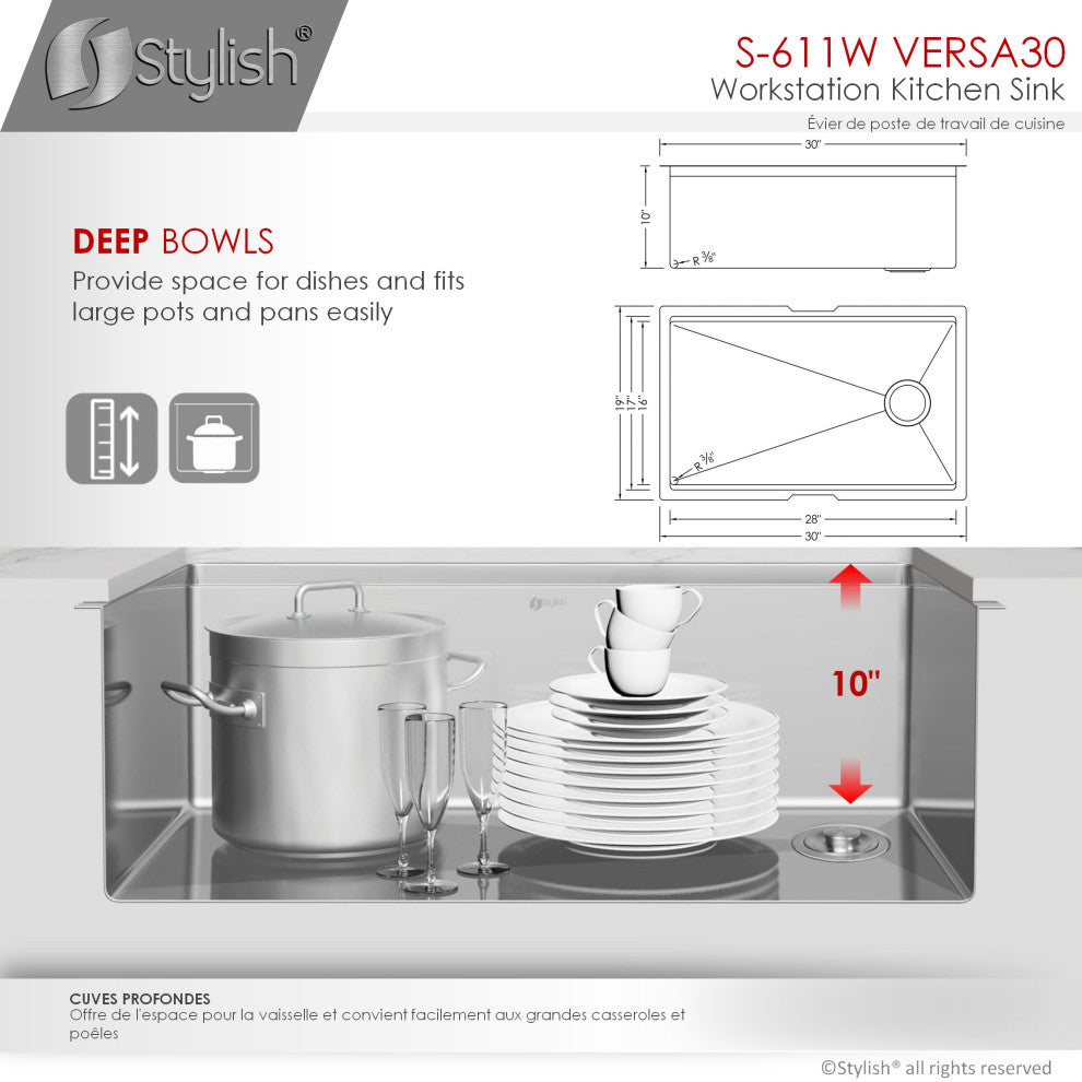 STYLISH 30"L x 19"W Stainless Steel Single Basin Undermount Kitchen Sink