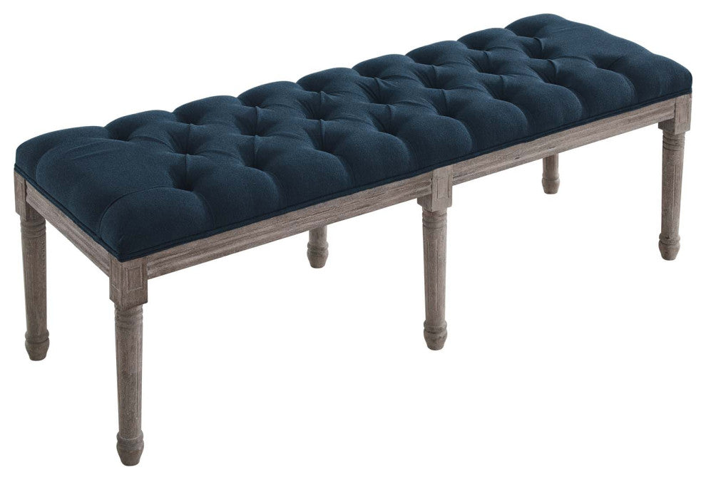 Navy Province French Vintage Upholstered Fabric Bench