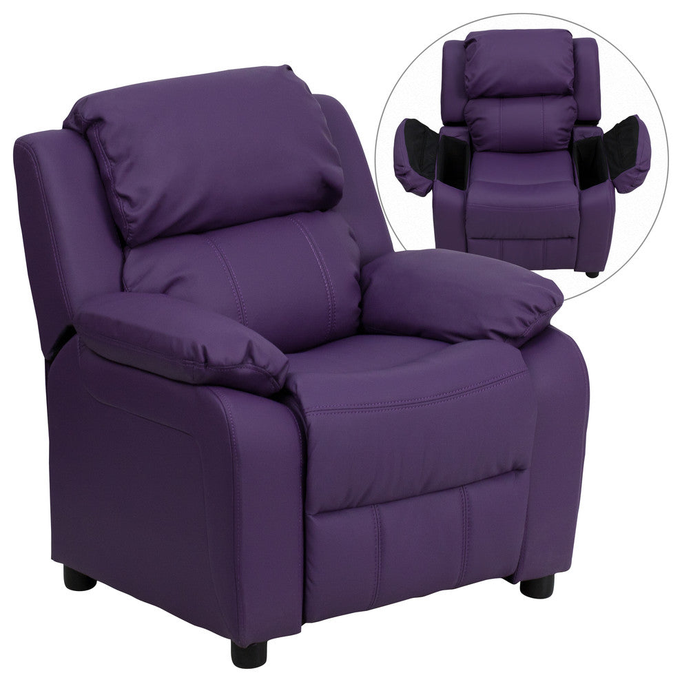 Deluxe Padded Kids Recliner With Storage Arms, Purple Vinyl