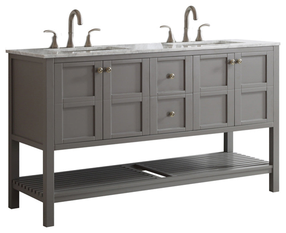 60" Double Vanity in Grey with Carrara White Marble Countertop Without Mirror