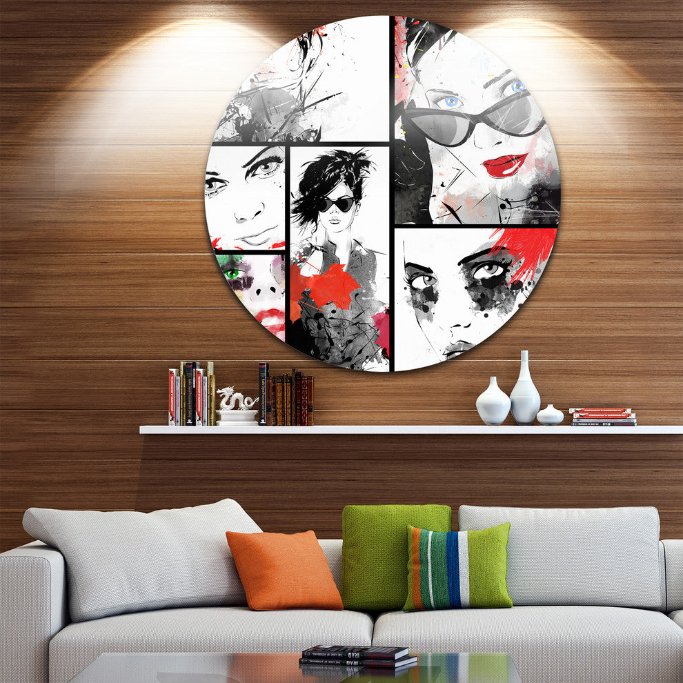 Beautiful Faces Collage, Portrait Digital Art Round Metal Wall Art, 11"