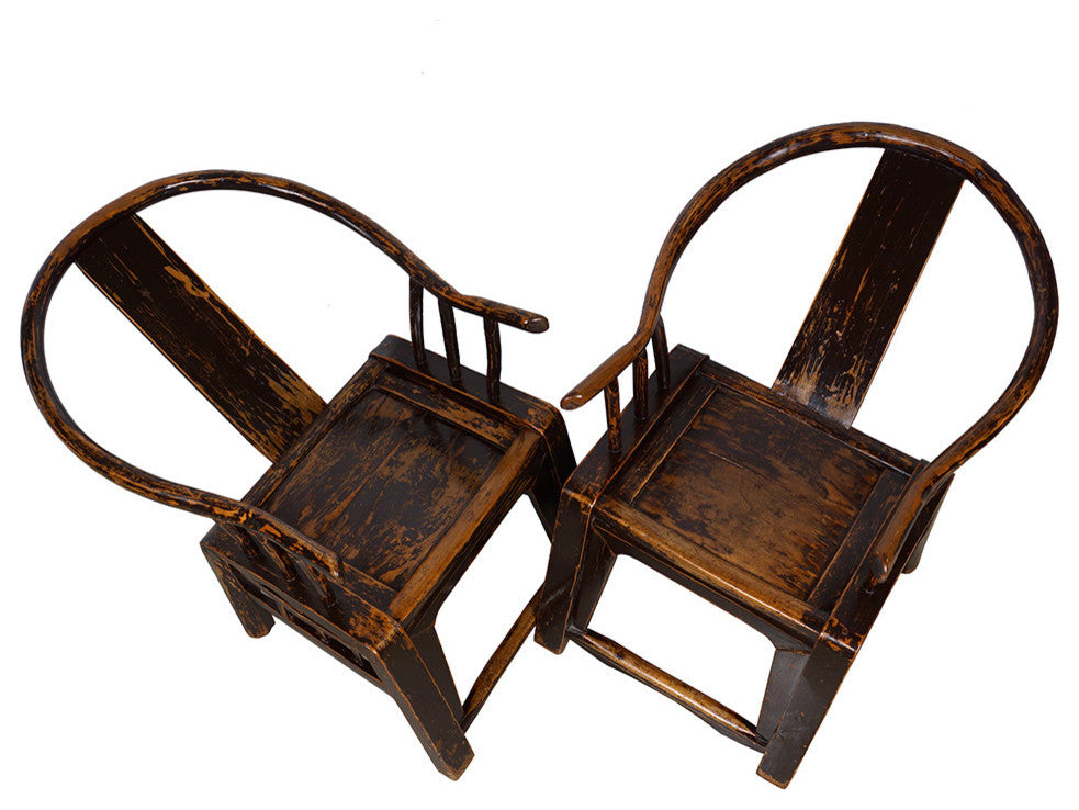 Consigned Antique Chinese Yoke Armed Horseshoe Chairs, 2-Piece Set