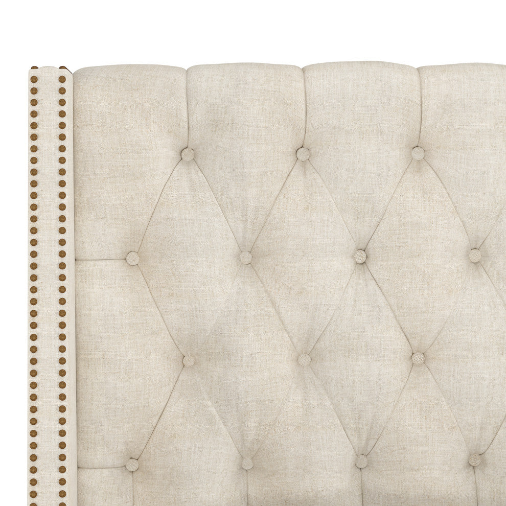 Williams Full Nail Button Wingback Bed, Linen Talc