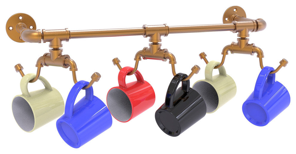 Pipeline Wall Mounted 6 Coffee Mug Rack, Brushed Bronze