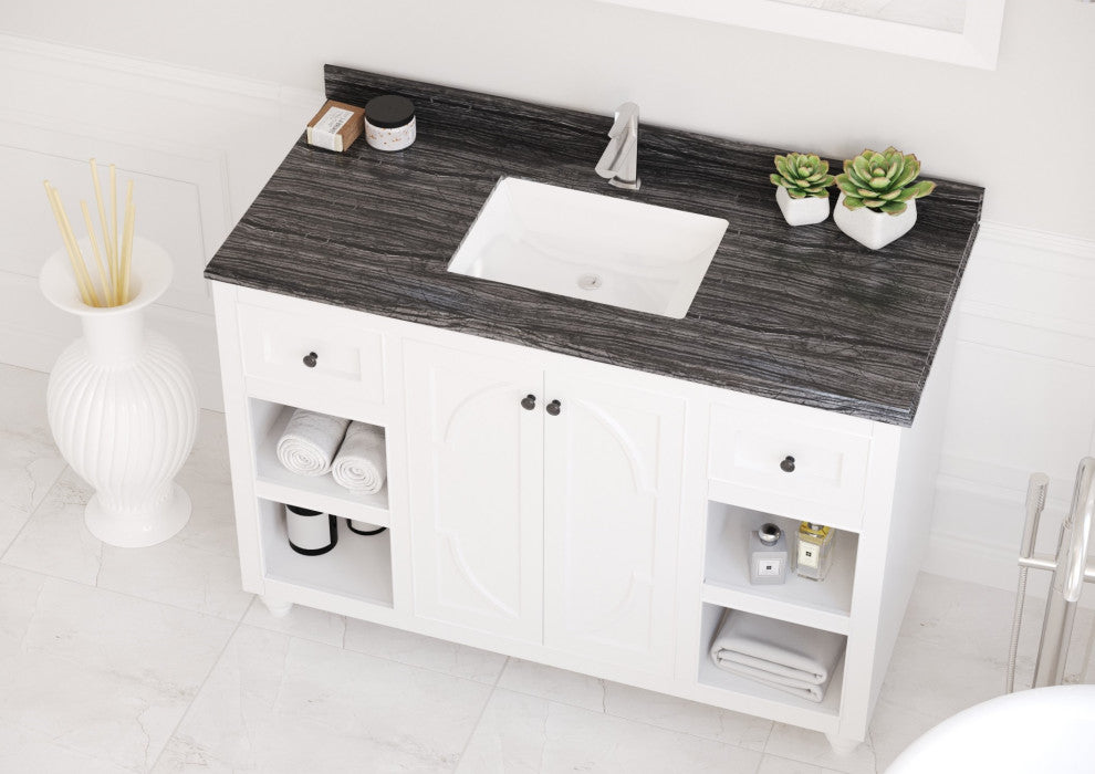Odyssey, 48, White Cabinet With Black Wood Marble Countertop