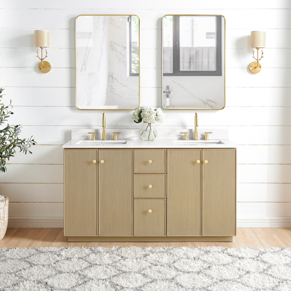 Oza Bath Vanity with Quartz Stone Top, Aged Natural Oak, 60", Double Vanity, No Mirror