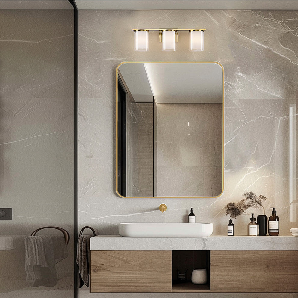 3-Light Gold Modern Vanity Light With Clear Glass and White Glass Dual Shades