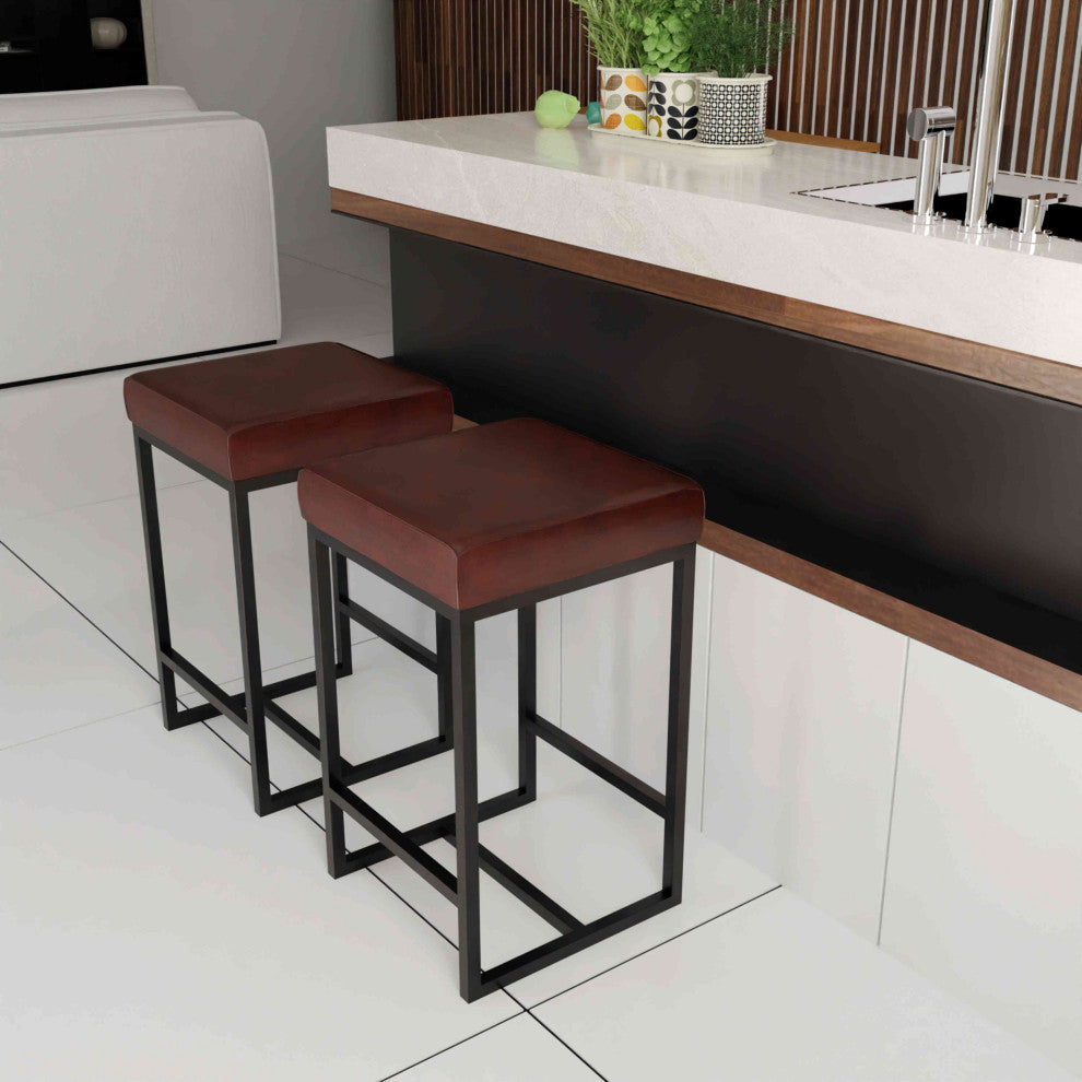 Bare Decor Cognac Backless Counter Stool, Genuine 100% Leather, Brown