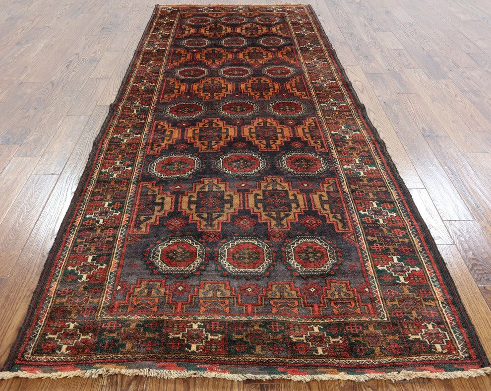 Oriental Wool on Wool 4'x10 Persian Balouch Handmade Area Rug, W2361