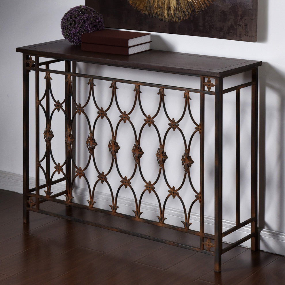 Filagree Metal and Wood Side Table Brown Finish