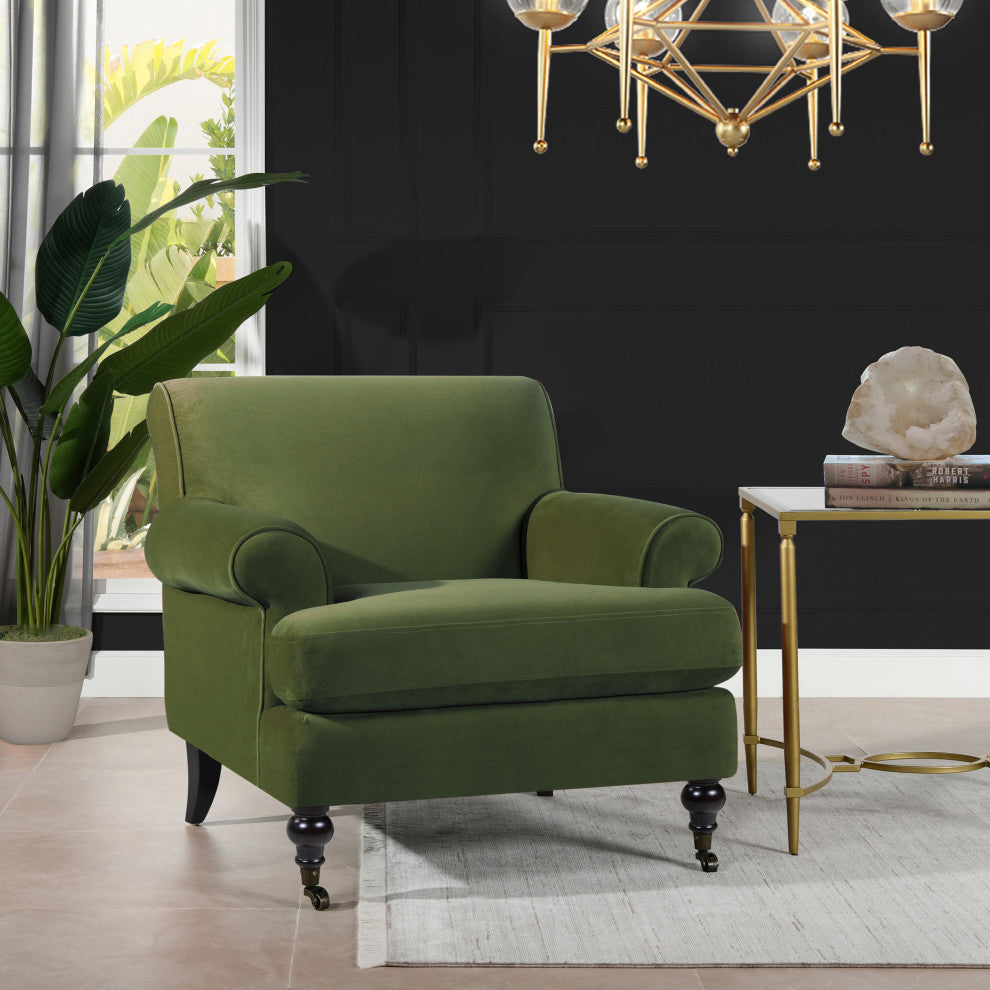 Alana 38" Lawson Accent Arm Chair, Metal Casters, Olive Green Performance Velvet