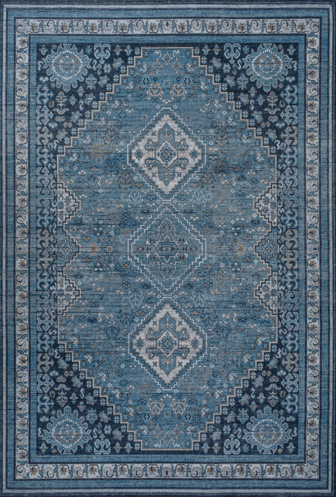 Dalyan Geometric Medallions Machine Washable Indoor Area Rug, Navy, 8 X 10