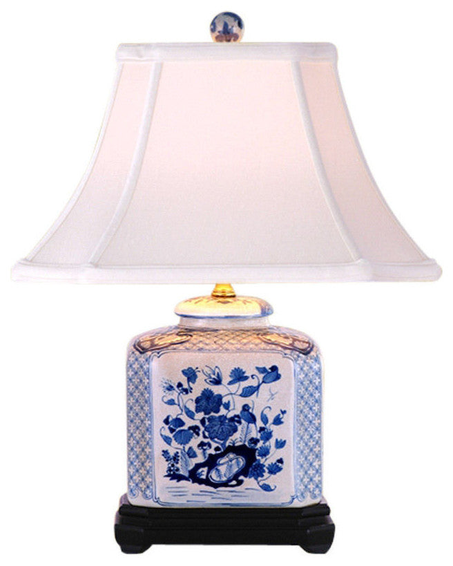 Blue and White Square Floral Porcelain Vase Table Lamp 19"