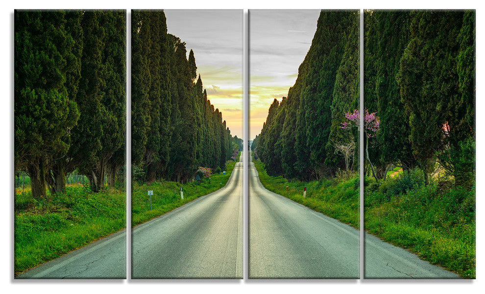 "Straight Road Through Cypress Trees" Landscape Wall Art, 4 Panels, 48"x28"