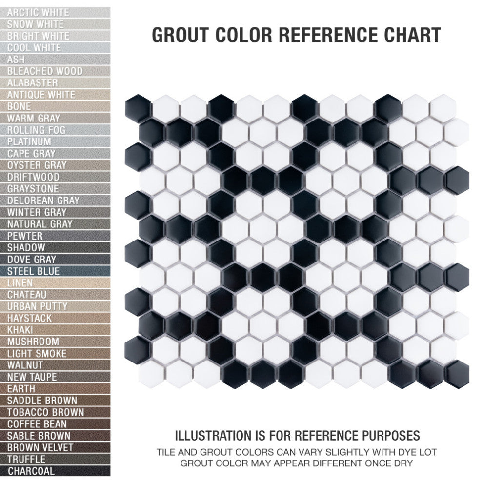 Metro 1" Hex Porcelain Mosaic Floor and Wall Tile, Wht Blk Hncom