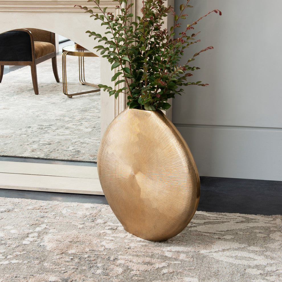 Luxe Large Flat Ribbed Disk Gold Silver Vase, Mid Century Modern Round Oval
