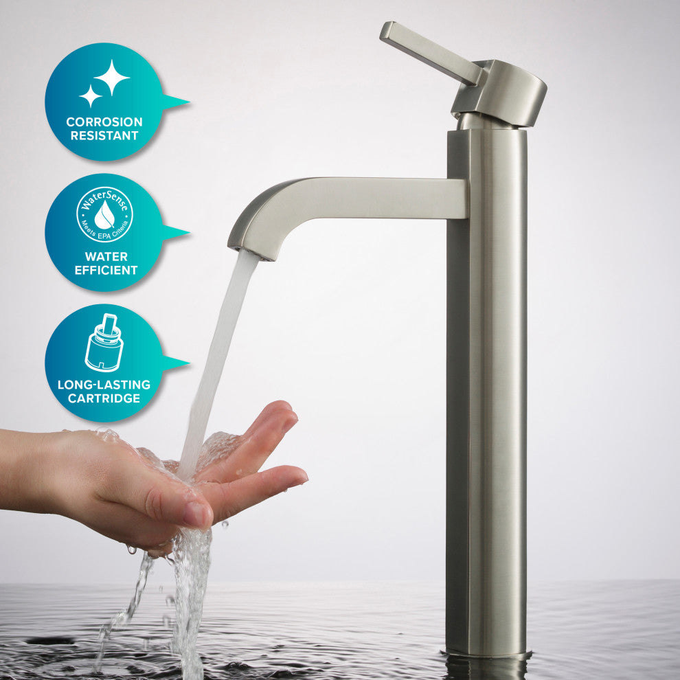 Elavo Square Ceramic Vessel Sink, Bathroom Ramus Faucet, PU Drain, Satin Nickel